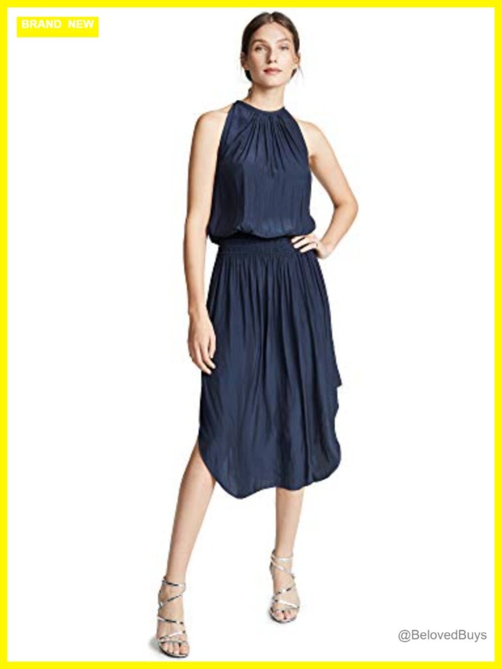 Ramy Brook Audrey High Neck Midi Dress Smocked Waist Blouson